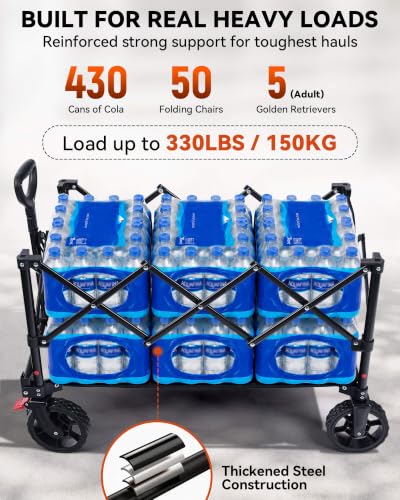 Hikenture Wagons Carts Foldable 330LBS, Heavy Duty Collapsible Wagon - color: Black, size: 5.3 cu ft / 150 L