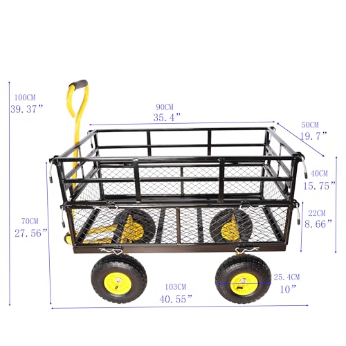 Heavy Duty Garden Wagon with Foldable Sides, Pneumatic Tires, Adjustable Handle (Yellow + Black Double Layer) - color: Yellow + Black Double Layer