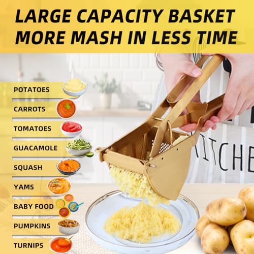 QRU Large Potato Ricer, Heavy Duty Stainless Steel Potato Masher for Commercial and Home Use, Fruit Press Baby Food Masher (Gold) - color: Gold