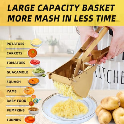 QRU Large Potato Ricer, Heavy Duty Stainless Steel Potato Masher for Commercial and Home Use, Fruit Press Baby Food Masher (Gold) - color: Gold