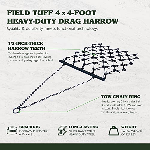 Field Tuff 4 Foot Heavy Duty Steel Durable Chain Rake Field Leveling Drag Harrow Hook Up to ATV, UTV and Utility Tractor, Black - size: 4x4 Foot