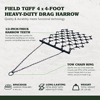 Field Tuff 4 Foot Heavy Duty Steel Durable Chain Rake Field Leveling Drag Harrow Hook Up to ATV, UTV and Utility Tractor, Black - size: 4x4 Foot