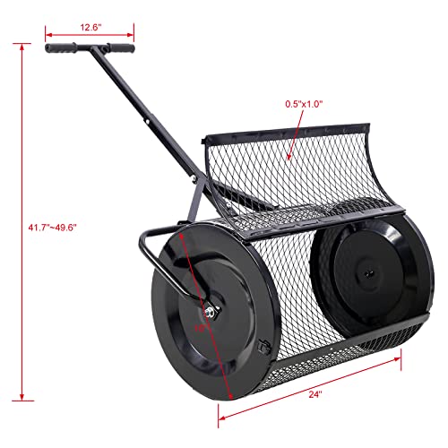 24" Peat Moss Spreader for Lawns Compost, Fertilizer, Topsoil, and Seed Spreader Roller, Heavy Duty Metal Mesh Lawn & Garden Drop Spreader, Adjustable Push T-Handle Manure Roller - size: 0.5" x 1" mesh