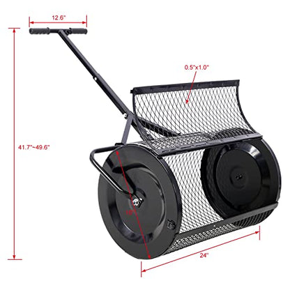 24" Peat Moss Spreader for Lawns Compost, Fertilizer, Topsoil, and Seed Spreader Roller, Heavy Duty Metal Mesh Lawn & Garden Drop Spreader, Adjustable Push T-Handle Manure Roller - size: 0.5" x 1" mesh