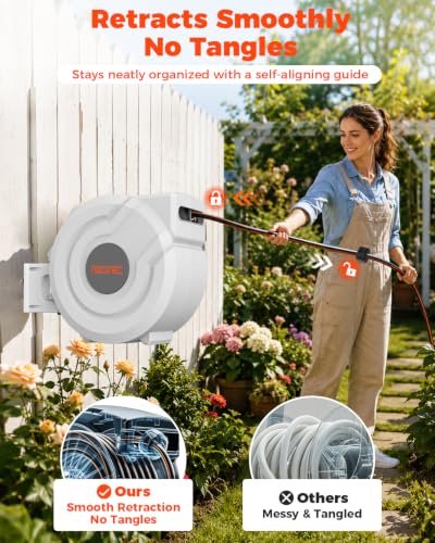 5/8 inch 100ft Retractable Garden Hose Reel with Any-Length Lock Slow Auto Rewind Heavy Duty Hose Reel With 9-Pattern Nozzle 180° Swivel Bracket UV Resistant Wall Mounted Hose Reel for Outside - size: 5/8 Inch 100ft