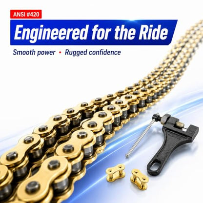 420 Gold Motorcycle Chain Kit, 132 Links with Chain Breaker and 10 Connecting Master Links, Heavy Duty Chain for 50cc-125cc Dirt Bike, Go Kart, ATV, Quad, Scooter, Mini Bike, CT200U and M200 - size: 132 Links, style: #420 Gold Chain