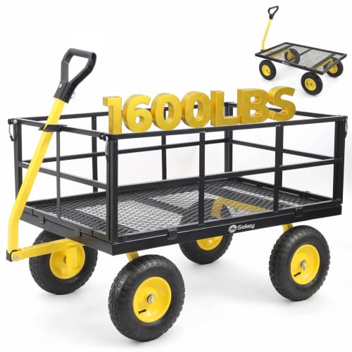 Sekey 1600 lbs Heavy Duty Steel Garden Cart for Farm & Construction, 12 Cu.Ft. Extra-Large Utility Wagon with Removable Sides, 2-in-1 Towable Handle, 13" Rubber Tires, Black - color: Black, size: 1600LBS