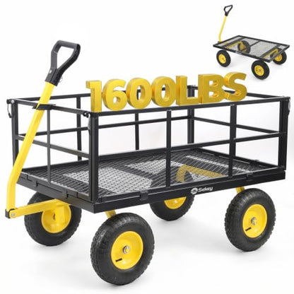 Sekey 1600 lbs Heavy Duty Steel Garden Cart for Farm & Construction, 12 Cu.Ft. Extra-Large Utility Wagon with Removable Sides, 2-in-1 Towable Handle, 13" Rubber Tires, Black - color: Black, size: 1600LBS