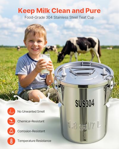 VEVOR Goat Milking Machine, 1.8 Gal / 7 L Food-Grade Stainless Steel Bucket, 4 Teat Cups for Cows and Goats, with 8000 mAh Rechargeable Battery, Electric Pulsation Milking Machine Portable Milker