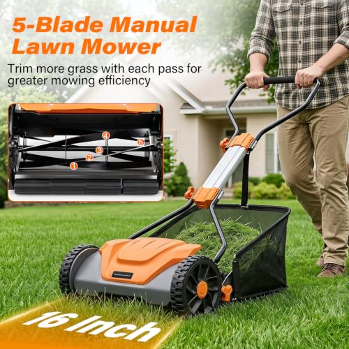 Goplus 16 Inch 5-Blade Push Reel Lawn Mower, Adjustable Cutting Height - color: Orange