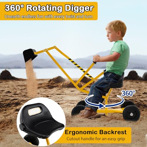 Costzon Sand Digger, Outdoor Heavy Duty Metal Excavator with 360° Swivel Seat for Beach Garden Sandbox Digging Sand Dirt Snow, Sit on Digger for 3+ Years Old Kids Boys Girls - style: w/ Rocket-shaped Wheels