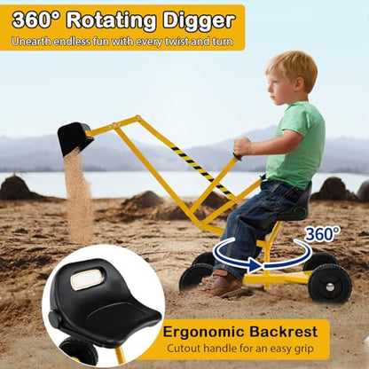 Costzon Sand Digger, Outdoor Heavy Duty Metal Excavator with 360° Swivel Seat for Beach Garden Sandbox Digging Sand Dirt Snow, Sit on Digger for 3+ Years Old Kids Boys Girls - style: w/ Rocket-shaped Wheels