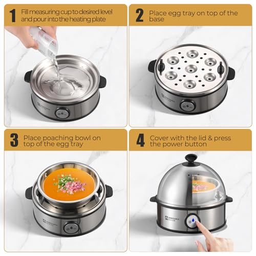 Annie & Mia Design Electric Egg Cooker, All Stainless Steel 7 Egg Capacity egg boiler, 360W, Hard, Medium, Soft Boiled Egg Poacher, egg steamer, Multi-function, Auto Shut-Off Function, BPA-free