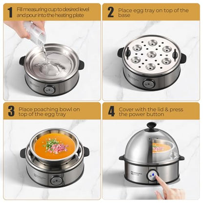 Annie & Mia Design Electric Egg Cooker, All Stainless Steel 7 Egg Capacity egg boiler, 360W, Hard, Medium, Soft Boiled Egg Poacher, egg steamer, Multi-function, Auto Shut-Off Function, BPA-free