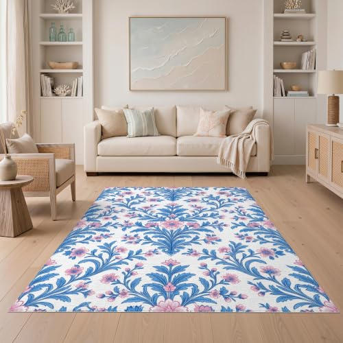 5'x7' Blue Pink Chinoiserie Toile Way Motif Washable Area Rug - color: Blue/Pattern 1, size: 5' x 7' (Rectangular)