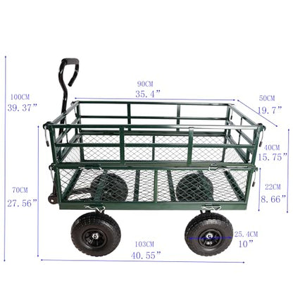 Heavy Duty Utility Wagon, 600lbs Capacity Garden Cart On Wheels, Steel Garden Carts with Removable Mesh Sides, 180° Rotating Handle & 10 Inch Tires for Lawn Mower, Tractor, Garden Waste - color: C-green