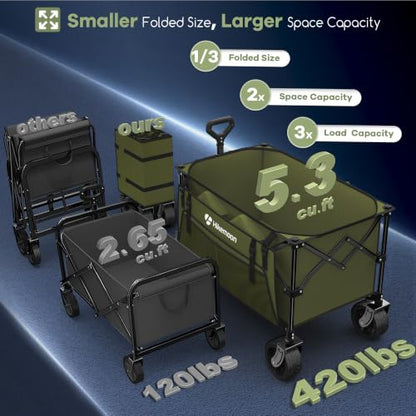 HIKEMOON 150L Collapsible Wagon Compact with Big Wheels, 420LBS Green - color: Army Green