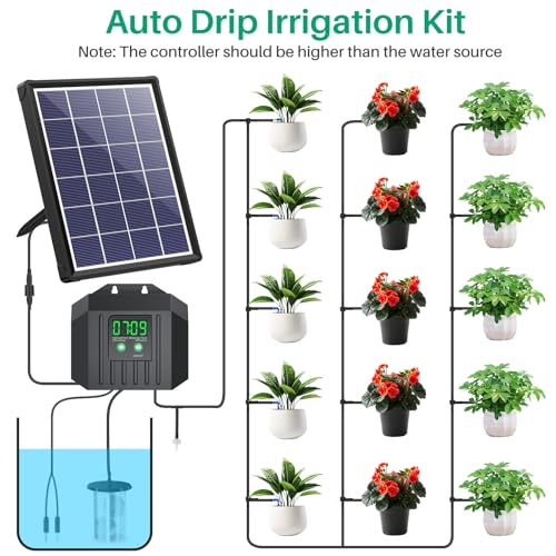 NFESOLAR 4W Solar Powered Automatic Drip Irrigation Kit with LCD Timer, Customizable Watering Duration 1–30min & Interval 3h–7d, Solar Irrigation System for 15 Potted Plants, Garden, Patio, Vacation