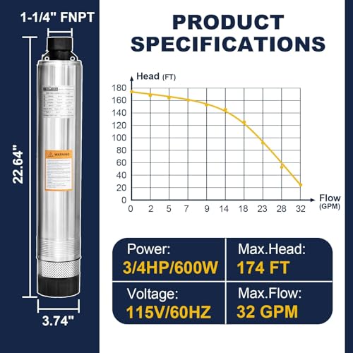 WASSERMANN 4" Effluent/Cistern Bottom Suction Pump with 33FT Cable, 3/4HP,115V/60HZ,32GPM,174FT Head,Stainless Steel Deep Well Submersible Pump for Septic Tank Home and Industrial Agricultural - color: White