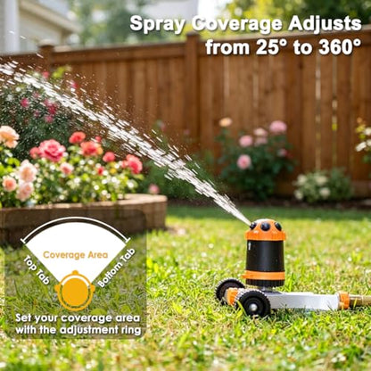 FANHAO Gear Drive Sprinkler with Metal Wheel Base, Portable Lawn Sprinkler