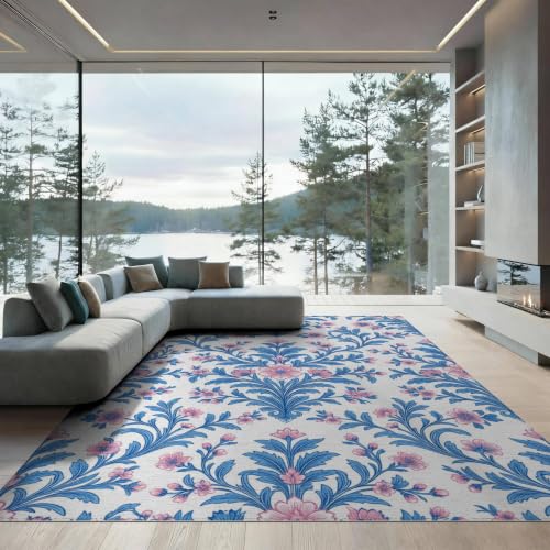9'x12' Blue Pink Chinoiserie Toile Way Motif Washable Area Rug - color: Blue/Pattern 1, size: 9' x 12' (Rectangular)