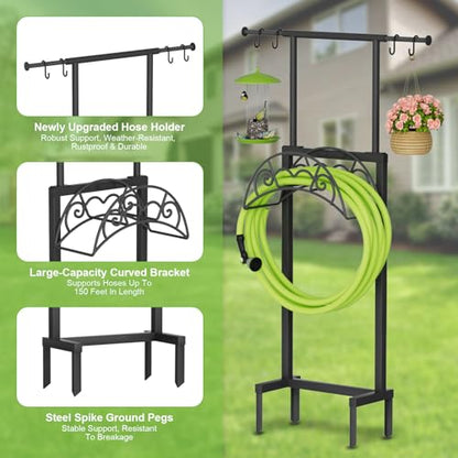 Garden Hose Holder with Telescopic Pole, Upgraded Heavy Duty Hose Stand Holds 150ft with 4 Spikes, Freestanding Metal Hose Storage and Hanger for Outside Yard Lawn Farm, Black