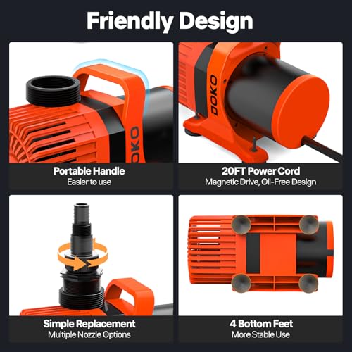 DOKO Submersible Water Pump, 6600GPH Pond Pump with 20FT Power Cord and 26 FT Lift Heigh,500W Ultra Quiet Fountain Water Pump for Pond, Aquarium, Waterfall, Fish Tank, Hydroponic, Orange Black - size: 500W 6600GPH
