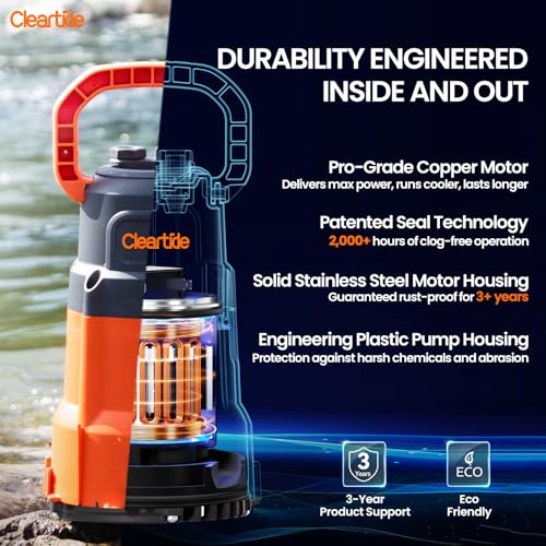 Cleartide Submersible Utility Water Pump, 2160 GPH Portable Sump Pump with Copper Motor, Plug and Work for Pond, Garden Watering, Pool Transfer, or Hot Tub Emptying - style: 1/4 HP Sump Pump