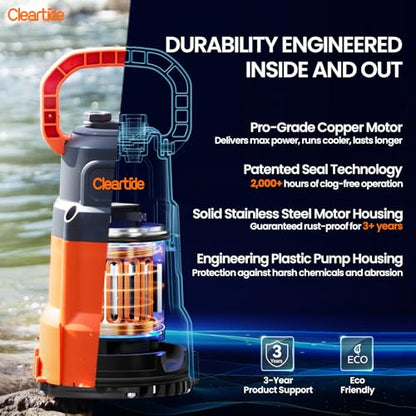 Cleartide Submersible Utility Water Pump, 2160 GPH Portable Sump Pump with Copper Motor, Plug and Work for Pond, Garden Watering, Pool Transfer, or Hot Tub Emptying - style: 1/4 HP Sump Pump