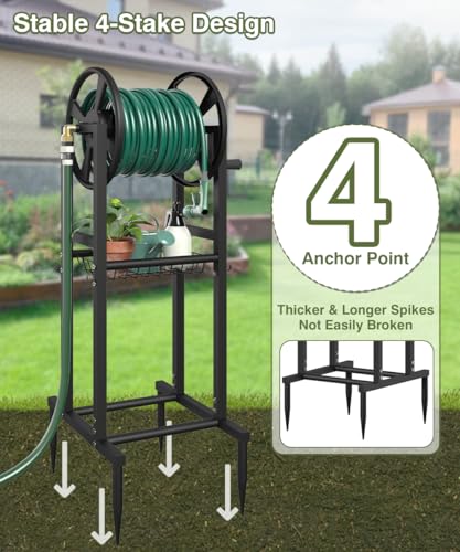 Freestanding Garden Hose Reel holds 125ft Hose of 5/8" with 4 Hooks, 4-Spike Outdoor Hose Holder with 3.9ft Leader Hose & Brass Fitting, Detachable Metal Hose Stand with Storage Rack, Black - color: Black