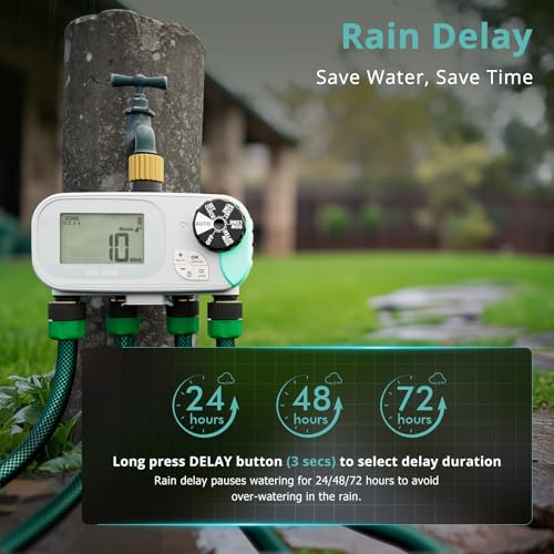 QUOBAS Sprinkler Timer for Garden Hose, Programmable Brass Water Timer | 4 Zone Hose Timer with Child Lock for Drip Irrigation, Pool, with Rain Delay/Auto/Manual, Waterproof Screen & Battery Powered - color: Gray