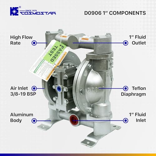 COSMOSTAR D0906 1" Double Air Diaphragm Pump - Aluminum Body, Teflon Ball, Seat and Diaphragm With Muffler - Chemical, Waste Oil, Pneumatic Oil Pump - size: D0906 1" Aluminum