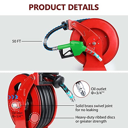 Fuel Hose Reel with Fueling Nozzle, 3/4" x 50FT Retractable Diesel Hose Reel, 300 PSI Industrial Heavy Duty Auto Swivel Rewind Hose Holder Reels, for Vehicle Tank Truck Trailer Ship - size: 3/4" x 50FT with nozzle