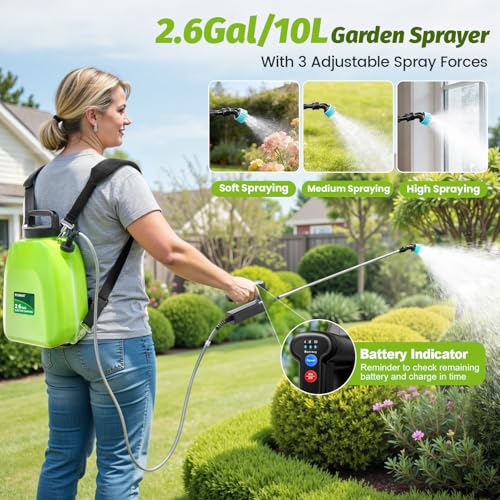 Battery Powered Backpack Sprayer 2.6Gallon, Electric Sprayer with 3-Adjustable Sprayings, Battery Indicator, 5 Nozzles, 41" Retractable Wand, Rechargeable Garden Sprayer for Weed, Lawn&Yard - size: 2.6 Gallon