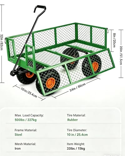 500 LBS Heavy Duty Steel Garden Cart, 3-in-1 Yard Wagon, 10" Air Tires - color: Green + Orange, size: 500LBS