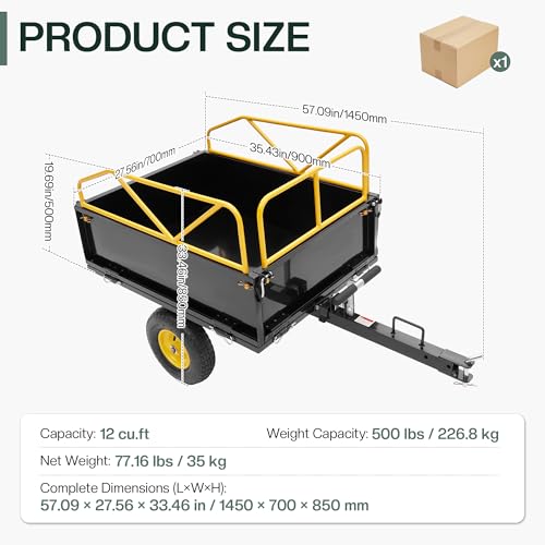 Jocisland 500 LBS ATV UTV Tow Behind Dump Cart, Garden Utility Trailer