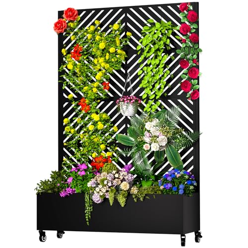 MTART Metal Planter Box with Trellis, 72.1"x47.2"x16" Outdoor Galvanized Raised Garden Bed with Privacy Screen & Drainage Holes & Lockable Casters for Climbing Plants, Vegetable (Arrow-Black1) - color: Arrow-black1, size: With Planter Box