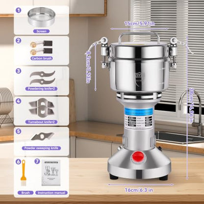 Heavy-Duty Electric Grain Mill Grinder – 2000W 750g Capacity 304 Stainless Steel Commercial Grade for Grinding Dry Grains, Coffee, Spices – High-Speed Motor, Easy Clean, Overload Protection - size: 750G
