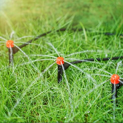 50pcs Drip Emitters for 1/4" Irrigation Tubing, Easy Connect Adjustable 360 Degree Water Flow Sprayer On 5" Stake for 4/7mm Tube Locked Drippers for Garden, Flower, Plant - color: Red Drip Emitter