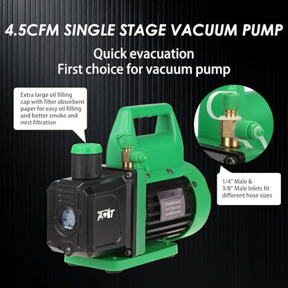 PB Motor Tech 4.5CFM Vacuum Pump, 3-Way AC Manifold Gauge Set with Bag