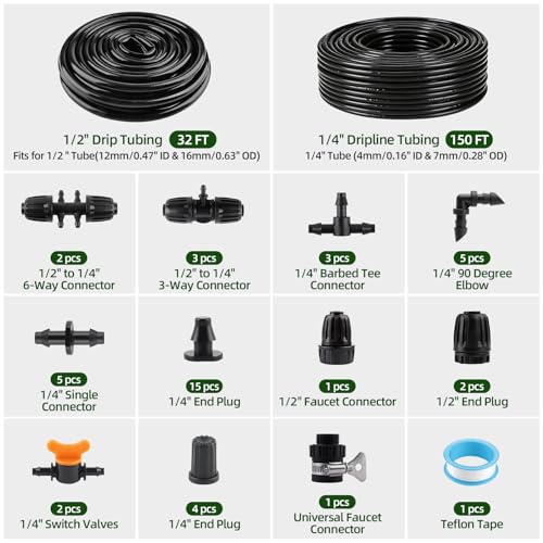 Kalolary 182FT 1/2" Drip Main Hose & 6" Spacing Roll 1/4" Dripline Tubing