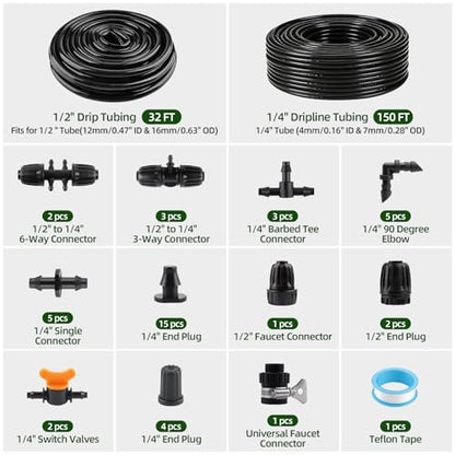 Kalolary 182FT 1/2" Drip Main Hose & 6" Spacing Roll 1/4" Dripline Tubing