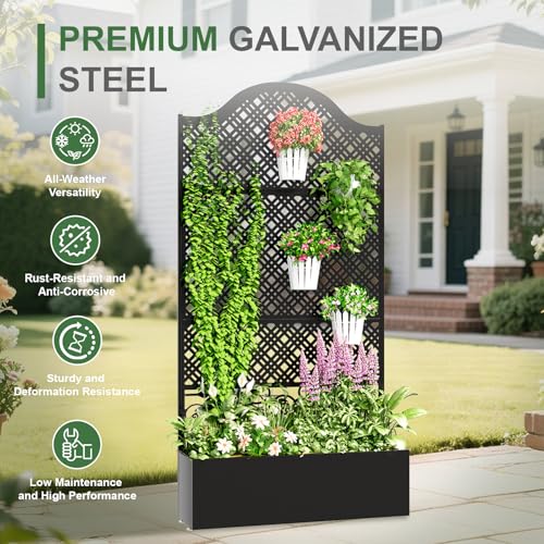 Metal Planter Box with Trellis & Privacy Screen, 79"x40"x11.8", Galvanized - color: Rhombus Grid