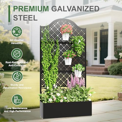 Metal Planter Box with Trellis & Privacy Screen, 79"x40"x11.8", Galvanized - color: Rhombus Grid