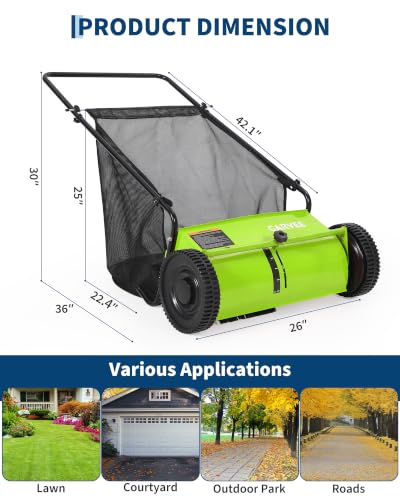 26" Push Lawn Sweeper, 7 Cu.Ft. Hopper, 3 V-Shaped Brushes, Height Adjustable - color: Green, size: 26in