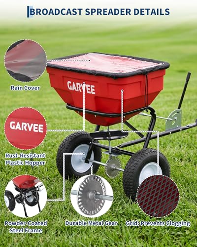 Tow Behind Broadcast Spreader, 125L, 30 Settings, 9.8 ft Spread, Red - color: Red
