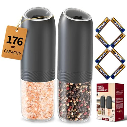CIRCLE JOY Gravity Electric Salt and Pepper Grinder Set, Battery Powered Automatic Pepper Mills with Adjustable Coarseness, One Hand Operation, 176ml Large Container, Black - Includes 8 Batteries - color: Black Plus, size: Battery