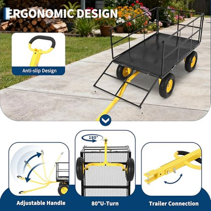 Heavy Duty 1500 lbs Steel Garden Cart, 3-in-1 Outdoor Utility Wagon with Removable Mesh Sides, 13" All-Terrain Wheels, 180° Rotating Handle for Lawn, Backyard, Farm & Gardening - color: Black