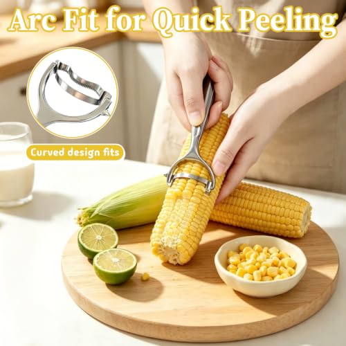 2 Pcs Corn Peeler with Folk, Stainless Steel Stripper Tool for Corn On the Cob, Ergonomic Handle, Kernel Remover Cutter for Fresh or Cooked Cobs, Multifunctional Kitchen Gadget