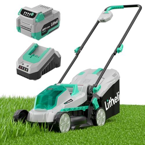 Litheli Cordless 13 Inch Cordless Lawn Mower 5 Heights 20V Electric Push Brushless Lawnmower for Garden, Yard, 4.0Ah Battery & Charger Included - size: 13’‘